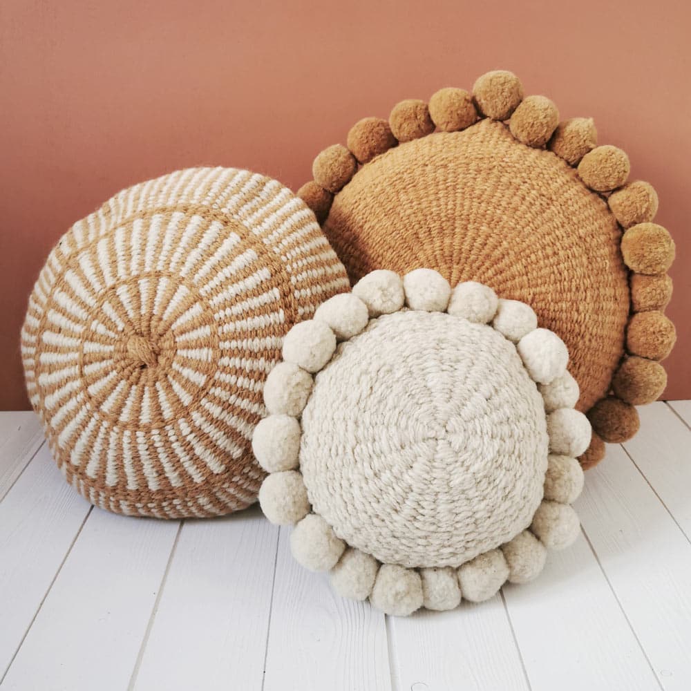 Mini coussin rond à pompons blanc Coussin ethnique Finca